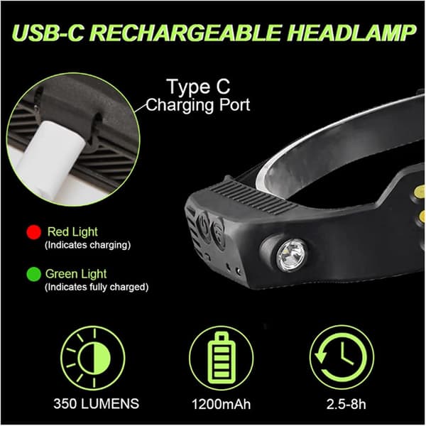 LED-hodelykt/lykt med bevegelsessensor, USB-oppladbar.