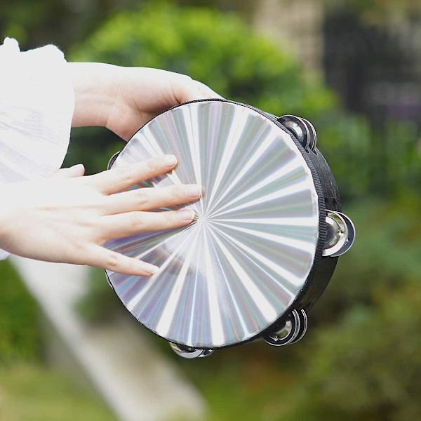 Tamburin Håndklokke Dobbel Rad Jingles Reflekterende Trommehode Slagverkinstrument (1 stk, Svart)