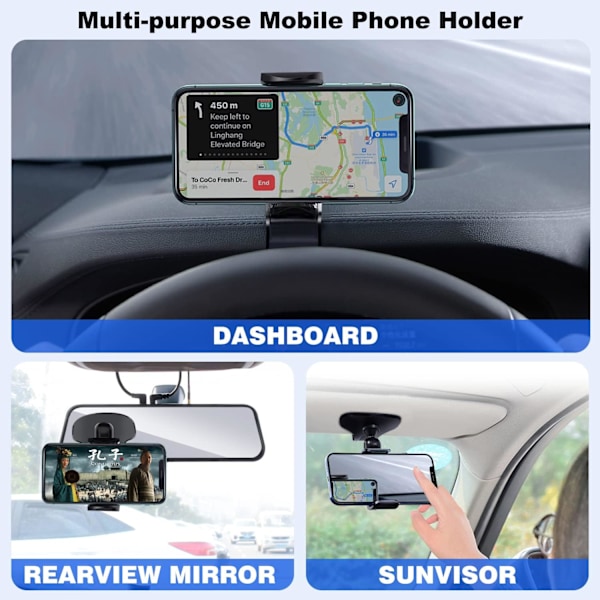Biltelefonholder Klemme 360° Rotasjon, Multifunksjonell Dashbord Bakspeil Solskjerm Mobiltelefonholder for Bil for 4,7-7,2 tommers Smarttelefon Black