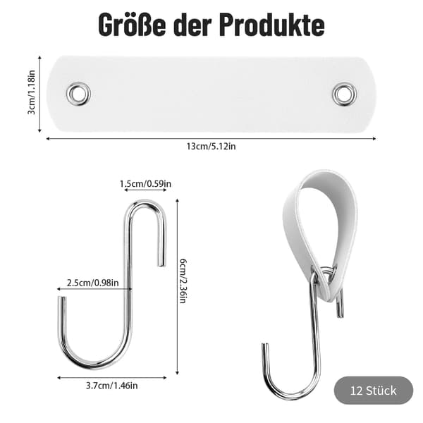 Set med 12 S-krokar med läderöglor – 13 x 3 cm White