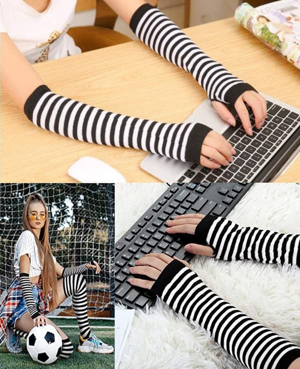 Långa unisex-stickade vantar med svartvita ränder, med elastiska muddar. White