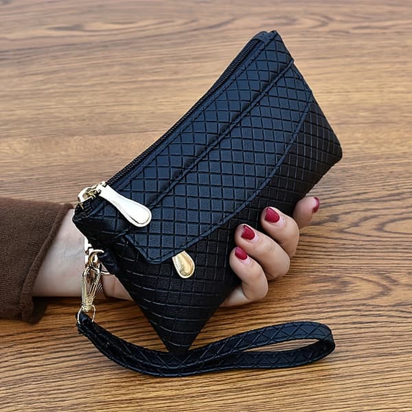 Quiltet clutch til kvinder — Multi-lynlås håndtaske til telefon og penge (Sort)