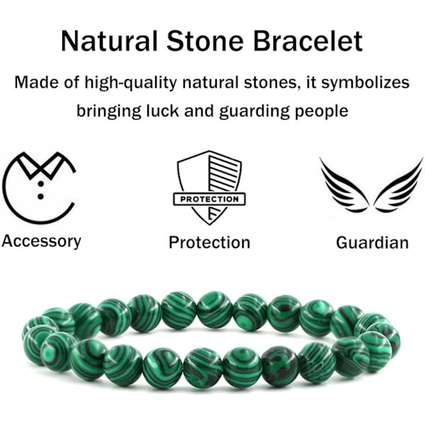 Kristall armband, 8mm Naturstenpärlor Armband, Läkande Kristall Armband för Kvinnor Män Malachite
