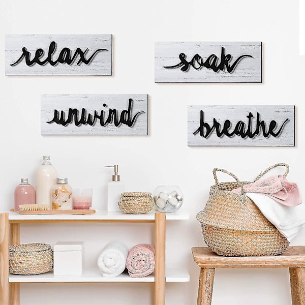 4 stycken badrumsväggskonst lantlig väggdekor Relax Soak Unwind Breathe Rustik badrum träskyltar Rolig vintage trädekor för tvättstuga