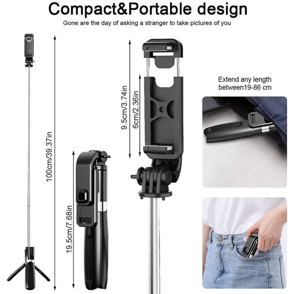 Bluetooth Selfie Stick, 100cm Selfie Stick Bluetooth Udvidbar Tripod