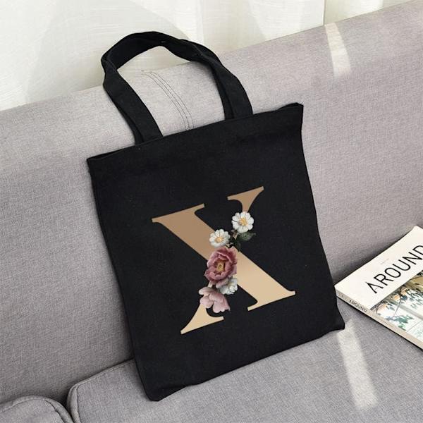 26 bokstäver tryckt canvas återanvändbara matkassar, hopfällbar casual resehandväska, axel strand tote väskor, shopper väska miljövänlig superstark tvättbar Gold X