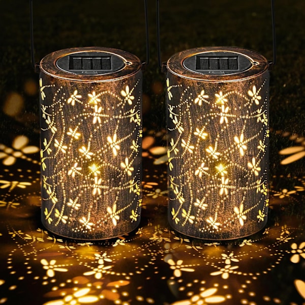 3D dynamiske solcellelamper utendørs hage - Dragonfly hagepynt utendørs - Metall hengende solcellelamper, vanntett solcellelykt solenergi Warm White