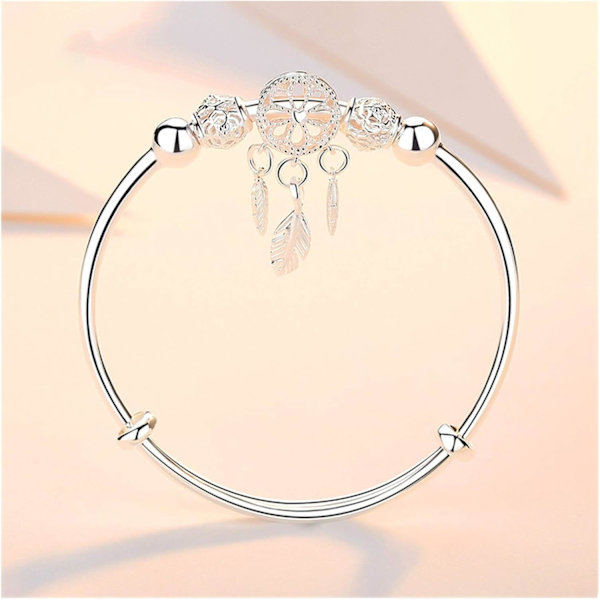 Justerbart armband i silver med drömfångare, tofs, fjäder, runda pärlor och berlockarmband för kvinnor, elegant smycke, väl utformat (färg: silver)