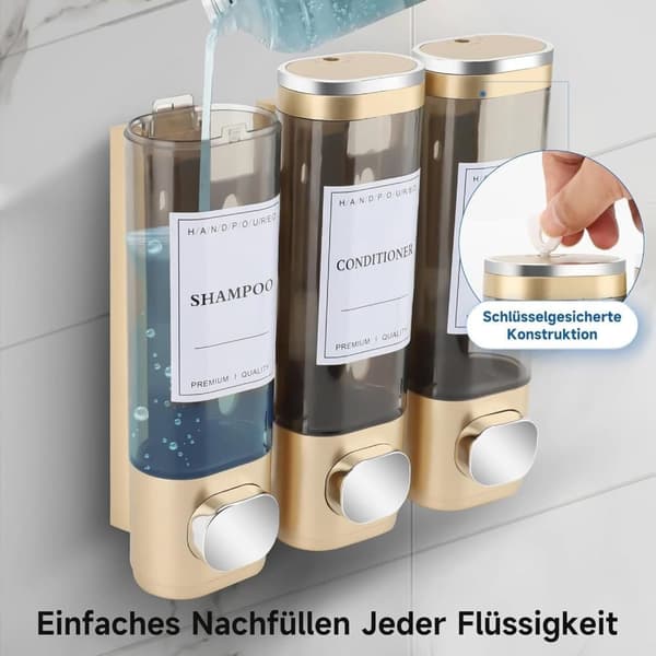 Sæbedispenser Vægmonteret – 3-rums brusedispenser 300ml x3, til shampoo & sæbe Black