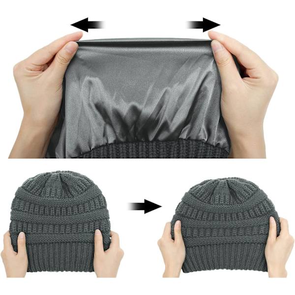 Varm Vinter Strikket Satin Silke Hat Foret Kabelstrikket Beanie Chunky Slouchy Skull Beanie til Kvinder, Grå, S-XL