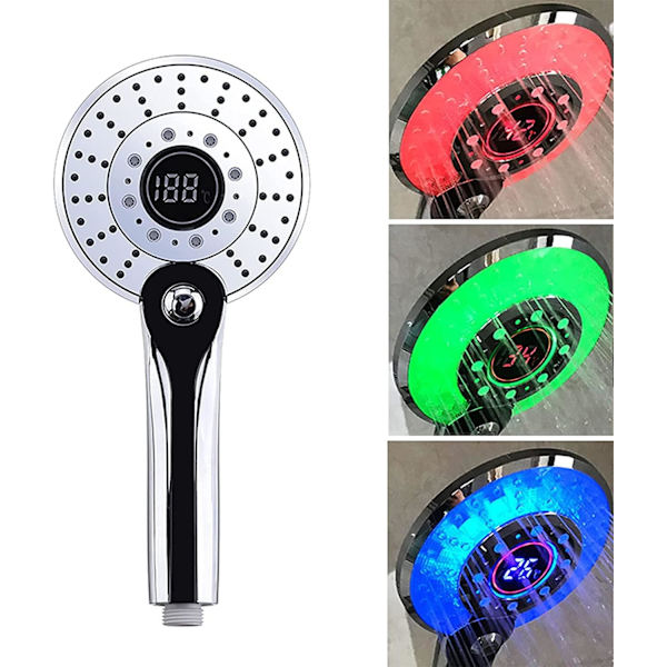 LED Digital Duschhanddusch, bärbar handdusch med 3-färgs temperaturkontroll LED-ljus 3 spraylägen Vattenbesparande dusch Multicolour