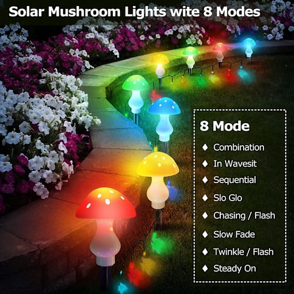 Uppgraderade Solcellsdrivna Trädgårdslampor Utomhus, 8-pack 50 LED Svamp Lampor Lägen 7 meter Vattentät Drivna Landskapslampor Söt Fairy Slinga för Gård Uteplats