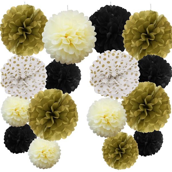16 stk. blandet silkepapir pomponer pom poms blomst håndlavet bryllupsfest dekoration bolde, sort guld #03 Black Gold