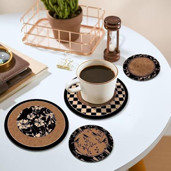 Brikkesett med 4 til drinker, øl, kaffe, bomullsvevde farger absorberende brikker med holder, boho-brikker (4, 17cm/6.69in)