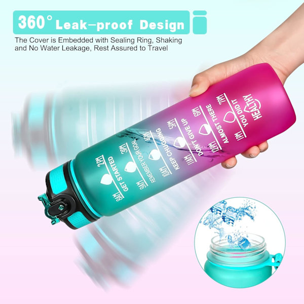 1 Litran Vedenpullo, Urheiluvadenpullot Aika-Merkinnällä ja Oljella, BPA-Vapaa, Vuotamaton, Tritan-Muovia, Motivoiva Suuri Juomapullo Green Purple 1000ml