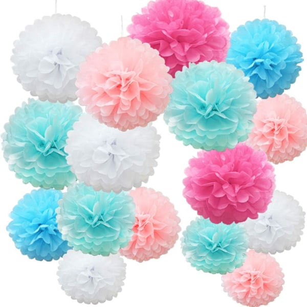 16 st blandade pompombollar av silkespapper, handgjorda bröllopsdekorationer, rosa och blå nyanser Pink Blue Shade