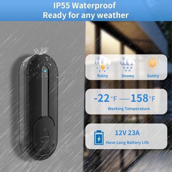 Trådløs dørklokke, IP55 Vanntett Mini Dørklokker Veggplugg Trådløs Ring dørklokke -1000ft rekkevidde, 55 melodier, 5 volumnivåer, LED-indikator, E