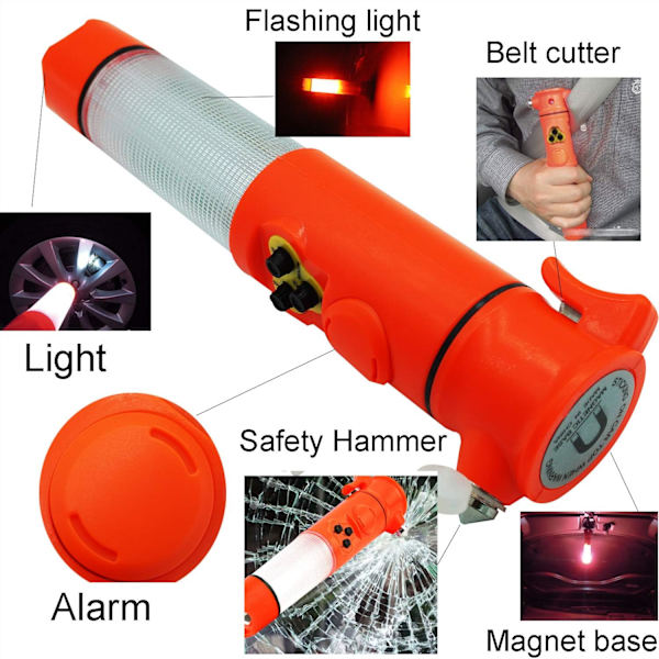 6 i 1 bilnødhjelpsverktøy Nødlys Blinkende lys Beacon Lommelykt Bilbeltekutter og Glass Vindusskjerm Hammer Breaker Magnetlampe Lyd Ala