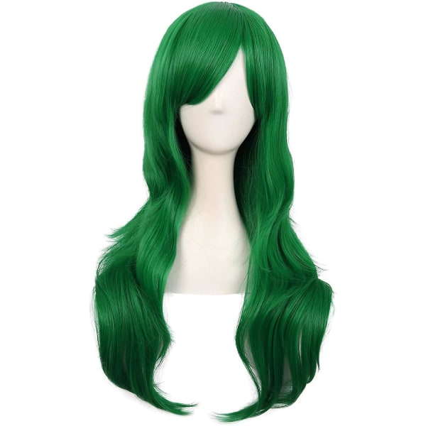 28 tuumaa/70 cm naisten sivuotsat pitkät kiharat hiukset Cosplay-peruukki naisten tytölle (ruohonvihreä)