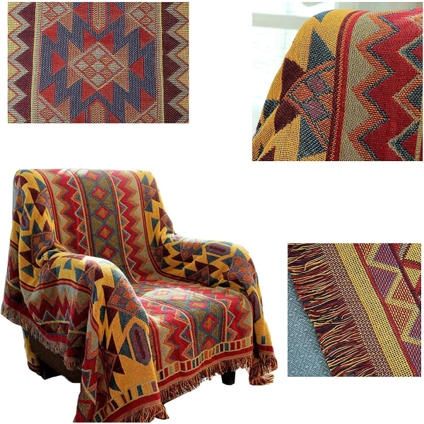 Bohemian geometrisk tæppe, boho stof sofa tæppe dækker til sofa seng stol stue, soveværelse