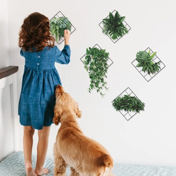 Magisk 3D-effekt Levende Grønne Planter Monstera Blad Ivy Grid Veggdekor Klistremerke, Vinyl Fjernet Grønne Blad Veggklistremerker for Soverom Stue Kontor Green