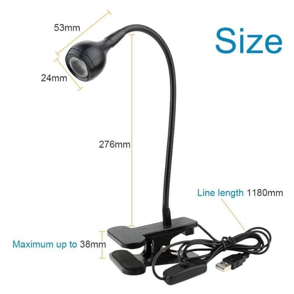 USB-drevet leselampe med klips, 3W, svart