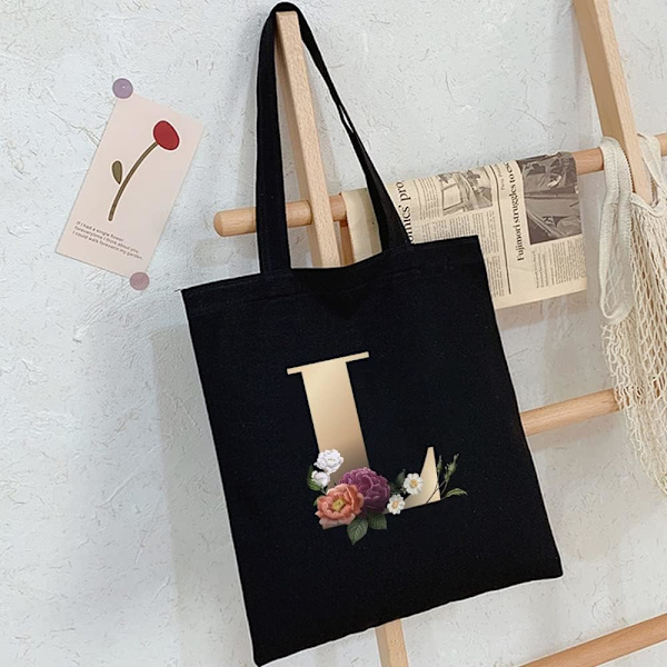 26 bokstäver tryckt canvas återanvändbara matkassar, hopfällbar casual resehandväska, axel strand tote väskor, shopper väska miljövänlig superstark tvättbar Gold L
