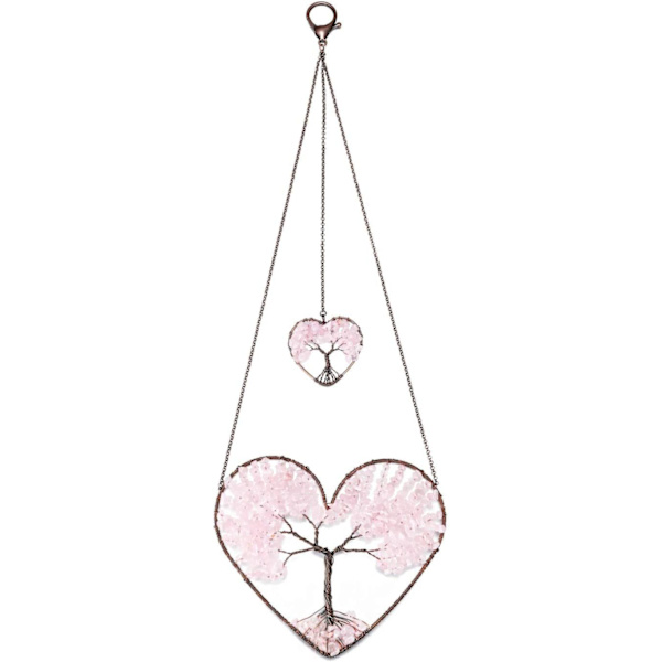 Vaaleanpunaisen ruusukvartsi sydämen elämänpuu unelmanpyydystin riippuva koriste boheemi kaksinkertainen sydän elämänpuu kristalli ikkuna auto seinä taide riippuva koriste Rose Quartz Heart Tree of Life