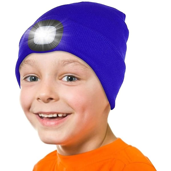 Ledbelyst cap för barn. Uppladdningsbar 4 led pannlampa hatt. Stickad vinter
