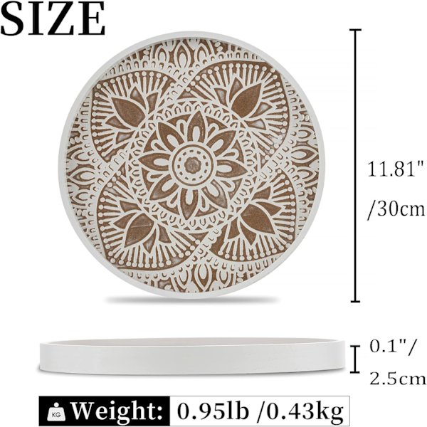 Rund træ dekorativ bakke: Rustik hvid Boho sofabord bakke Farmhouse bakke dekor midtpunkt træ cirkel osmannisk serveringsbakker til hjemmekøkken Whitewash Lotus30cm
