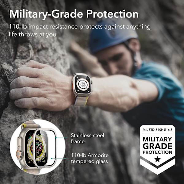 Skärmskydd med ram i rostfritt stål för Apple Watch Ultra 2/1 49 mm (2023/2022), skydd av militär kvalitet, iWatch Ultra härdat glas Natural Titanium