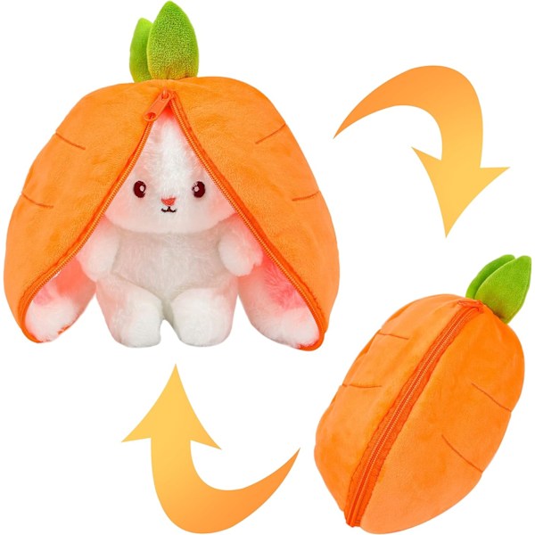 Plush Kanin Leksak, Vändbar Kanin Morot Jordgubbe Kudde Söta Mjuka Plyschleksaker med Blixtlås, Söt Dekoration Kanin Plyschleksak för Pojkar Flickor Orange