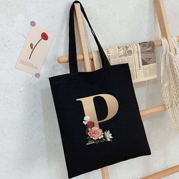 26 bokstäver tryckt canvas återanvändbara matkassar, hopfällbar casual resehandväska, axel strand tote väskor, shopper väska miljövänlig super stark tvättbar Gold P