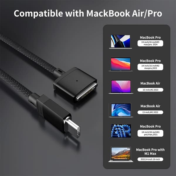 USB-C til MagSafe 3-kabel til MacBook Pro og Air Nylon 2m 140W Black