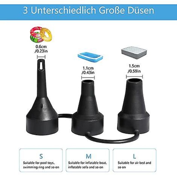 Elektrisk luft pumpe, høj effekt elektrisk oppustelig pumpe med 3 dyser, luft pumpe til plaskebassin, pool legetøj, oppustelig madras