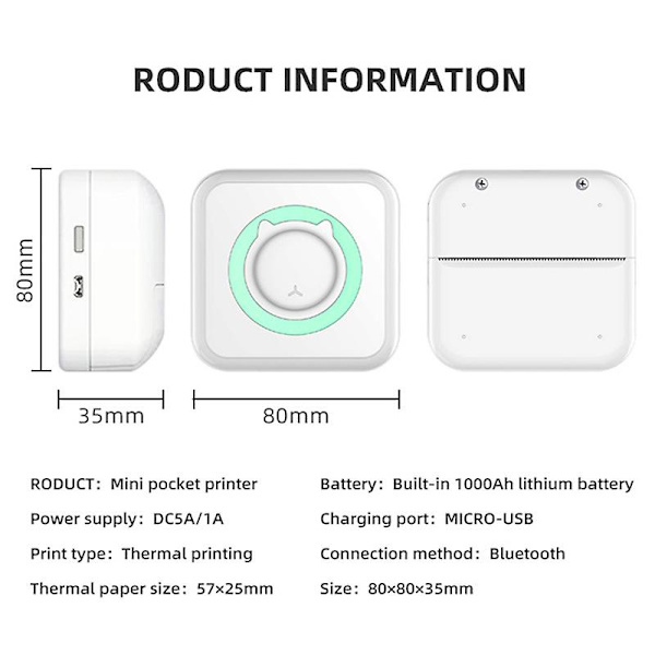 Bærbar mini termisk printer 200 Dpi trådløs blækfri Bluetooth lommeprinter