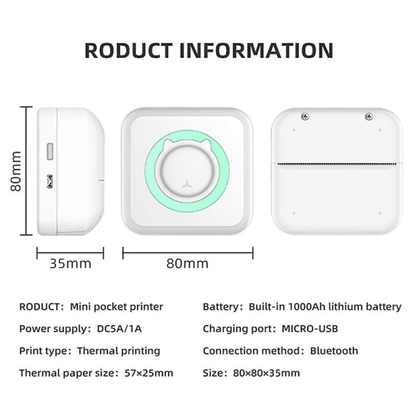 Bärbar mini- thermal skrivare 200 Dpi trådlös bläckfri Bluetooth pocketskrivare