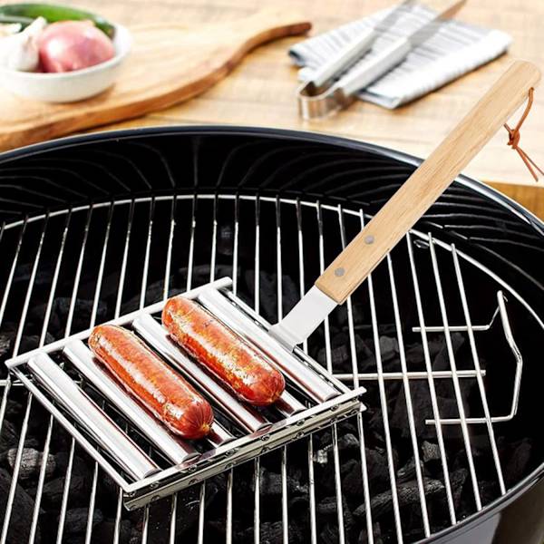Pølsegriller i rustfritt stål med ekstra langt trehåndtak, BBQ-pølsegriller for jevnt stekte pølser, kapasitet for 5 pølser Silver