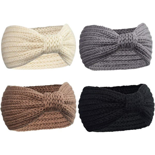 4-pak Crochetede Ørevarmere Hodebånd Mykt Strikket Turban Stretch Hodebånd Varmer for Kvinner Vinter 4 Pack: Black, Ivory, Coffee, Gray