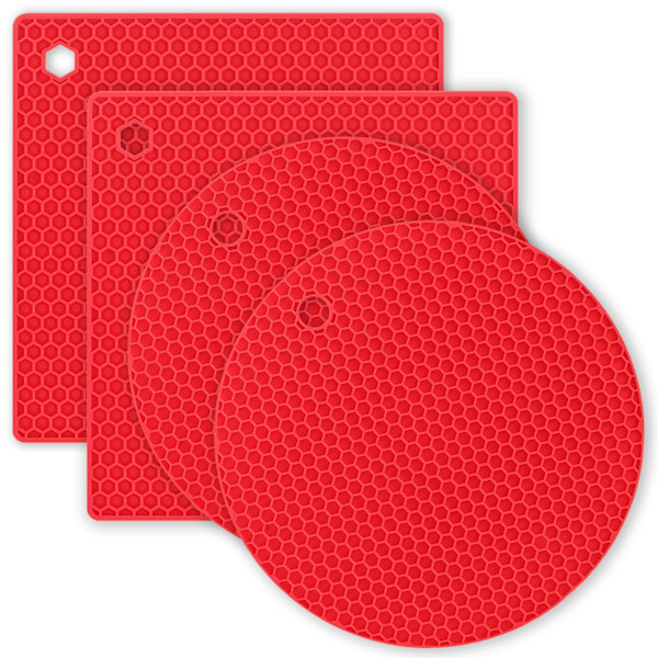 Silikoninen Pannunalunen, Silikoniset Kuumapannunaluset Kuumille Pannuille ja Kattiloille. 4 kpl Punainen (2 Neliötä + 2 Pyöreää) red