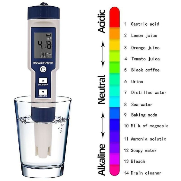 In 1 Digital Ph Tds Ec temperaturtester, saltholdighetstester, konduktivitet, vannfilter, renhet, penn med bakgrunnsbelysning
