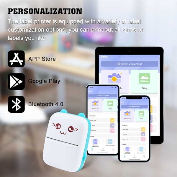 Mini Termisk Printer, Bluetooth Label Maker, Bærbar Labelprinter Kompatibel med Android og iOS (Blå) blue