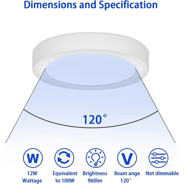 2 stk LED Taklampe, 12W 6500K Kald Hvit, Moderne Rund Taklampe, Flat LED Taklampe for Soverom, Stue, Spisestue [e