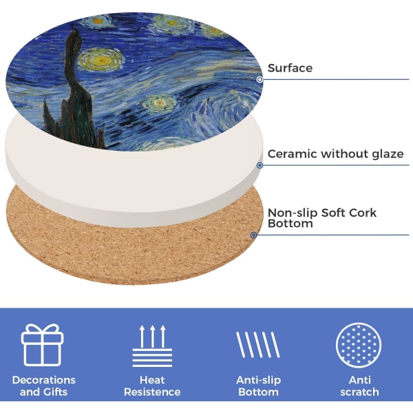 n Gogh Drikkeunderlag med Holder, Underlag til Drikkevarer - Sæt med 6, Malerier Kunst Keramiske Underlag til Sofabord Gaver Hjemmeindretning, Blå, 4 Tommer