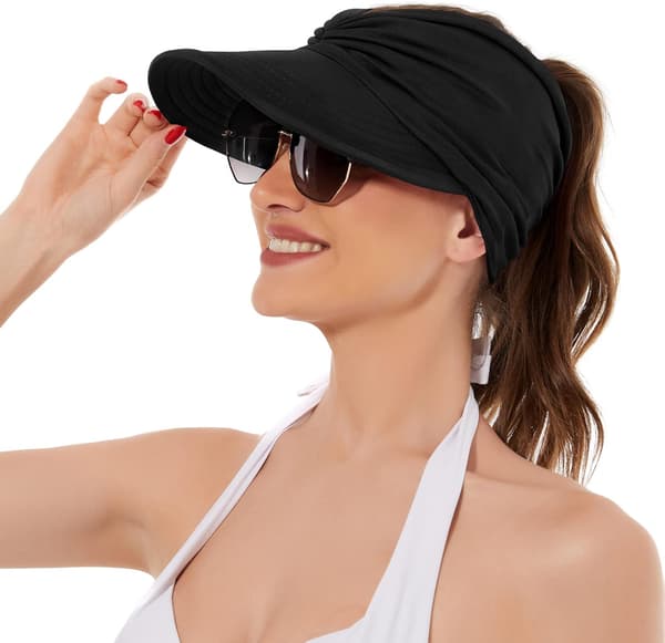 Solhattar för kvinnor UV-skydd Solskydd Bredbrättade sommarhattar med hästsvans 2 Pack Black