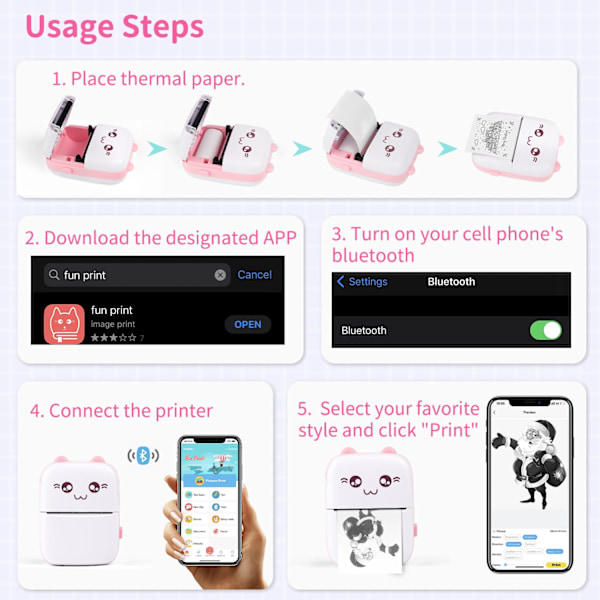Mini Termisk Skriver, Bluetooth Etikettskriver, Bærbar Etikettskriver Kompatibel med Android og iOS (Rosa) pink