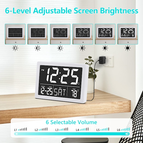 Väckarklocka, Digital Klocka, Elektrisk Digital Klocka med 5,5\" LED-Display, Ljusstyrka, Justerbar Volym, Datum och Temperatur, Bordsklocka för Sängar white