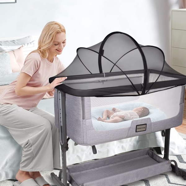 Babysängsspjälsäng Samsovningsmyggnät Skydd för Resesäng Spjälsäng Sängsida Sovplats, Insekt Kattsäkert Nät Dragkedja Myggnät för Babysäng Samsovning Bassinet Coverblack