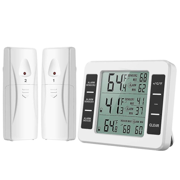 Kjøleskap termometer, digital alarm fryser termometer, trådløst innendørs utendørs termometer med 2 sensorer