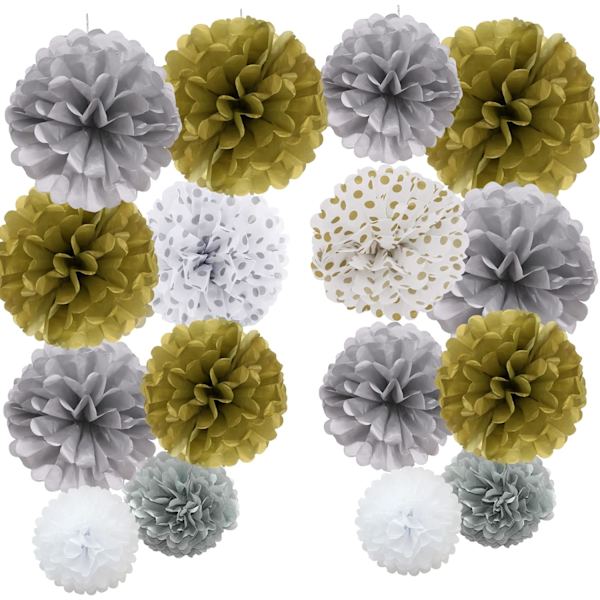 16 st blandade silkespapperspompoms, pom poms, blommor, handgjorda bröllopsfestdekorationer, bollar, guld silver Glold Silver